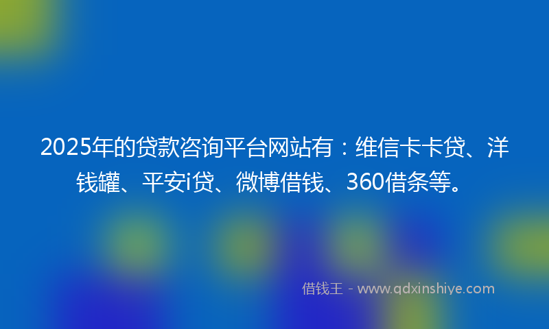 2025年的贷款咨询平台网站有：维信卡卡贷、洋钱罐、平安i贷、微博借钱、360借条等。