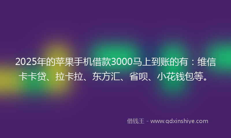 2025年的苹果手机借款3000马上到账的有：维信卡卡贷、拉卡拉、东方汇、省呗、小花钱包等。