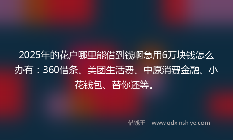 2025年的花户哪里能借到钱啊急用6万块钱怎么办有：360借条、美团生活费、中原消费金融、小花钱包、替你还等。