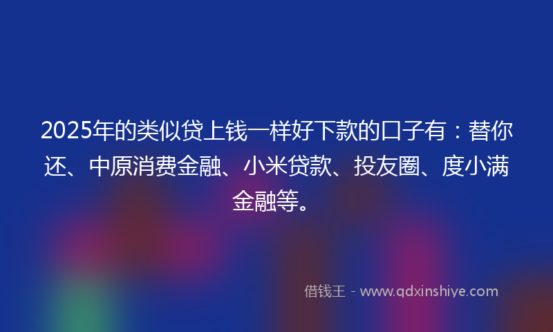 2025年的类似贷上钱一样好下款的口子有:替你还、中原消费金融、小米贷款、投友圈、度小满金融等。
