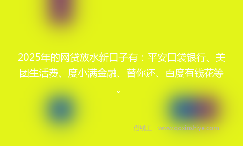 2025年的网贷放水新口子有：平安口袋银行、美团生活费、度小满金融、替你还、百度有钱花等。