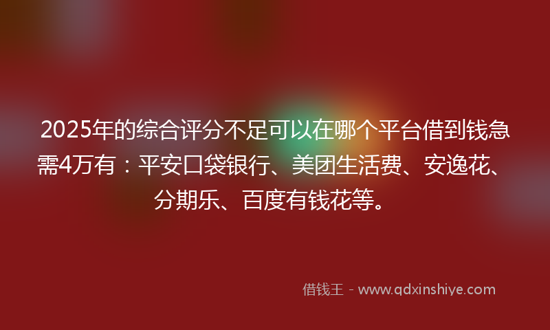 2025年的综合评分不足可以在哪个平台借到钱急需4万有：平安口袋银行、美团生活费、安逸花、分期乐、百度有钱花等。