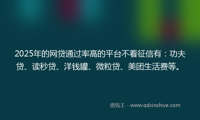 2025年的网贷通过率高的平台不看征信有：功夫贷、读秒贷、洋钱罐、微粒贷、美团生活费等。