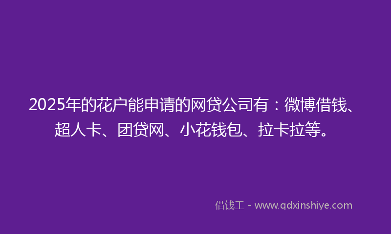 2025年的花户能申请的网贷公司有：微博借钱、超人卡、团贷网、小花钱包、拉卡拉等。