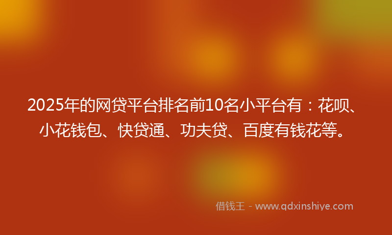 2025年的网贷平台排名前10名小平台有：花呗、小花钱包、快贷通、功夫贷、百度有钱花等。
