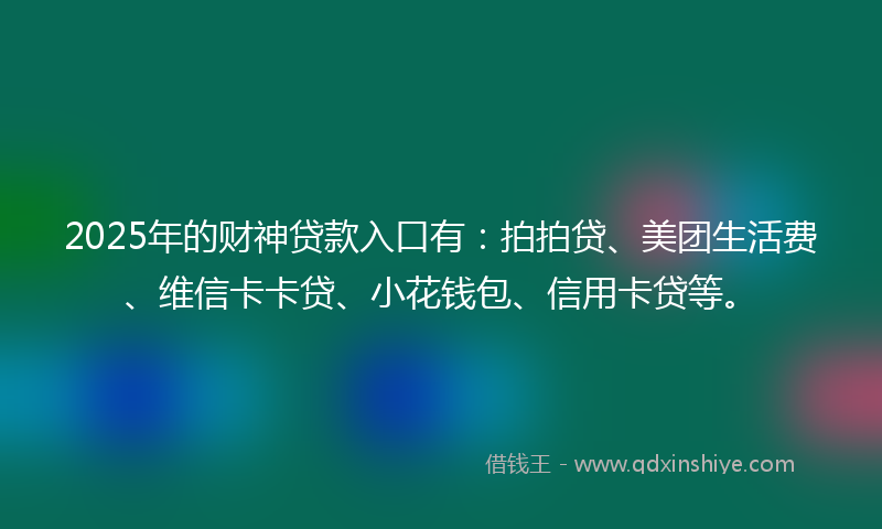 2025年的财神贷款入口有：拍拍贷、美团生活费、维信卡卡贷、小花钱包、信用卡贷等。