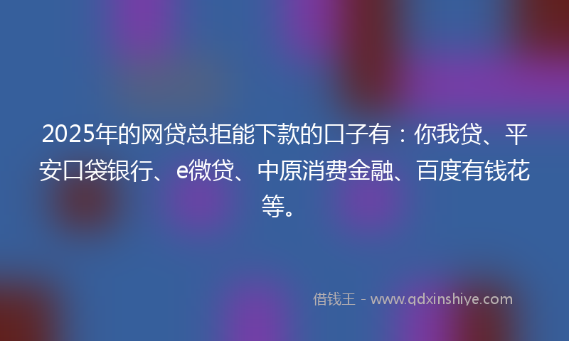 2025年的网贷总拒能下款的口子有：你我贷、平安口袋银行、e微贷、中原消费金融、百度有钱花等。