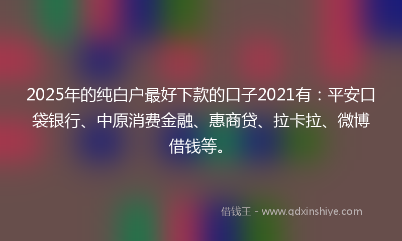 2025年的纯白户最好下款的口子2021有：平安口袋银行、中原消费金融、惠商贷、拉卡拉、微博借钱等。