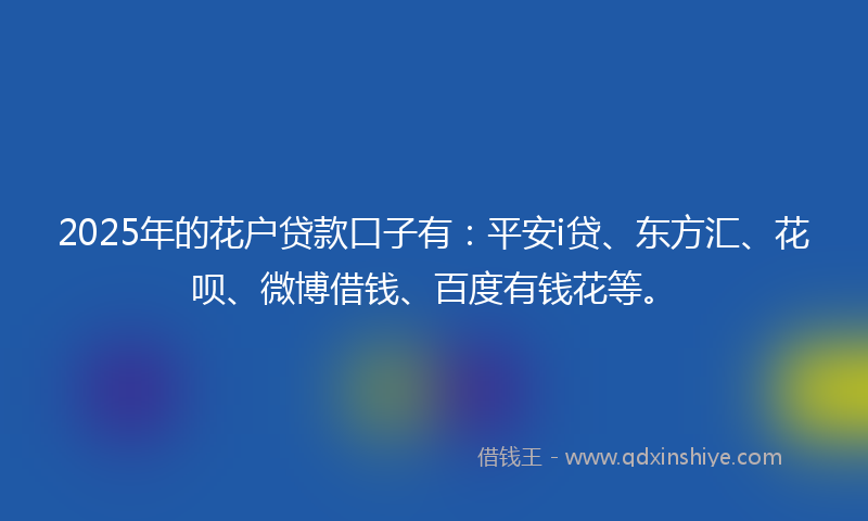 2025年的花户贷款口子有:平安i贷、东方汇、花呗、微博借钱、百度有钱花等。