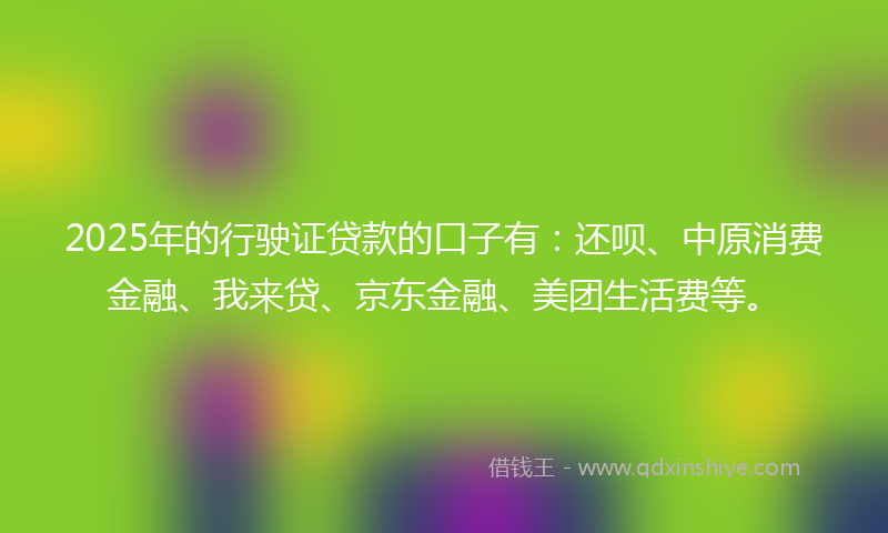 2025年的行驶证贷款的口子有：还呗、中原消费金融、我来贷、京东金融、美团生活费等。