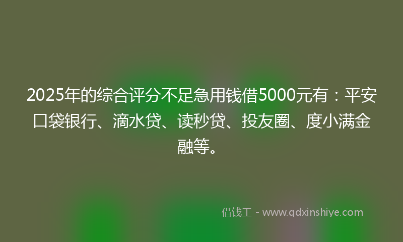2025年的综合评分不足急用钱借5000元有：平安口袋银行、滴水贷、读秒贷、投友圈、度小满金融等。