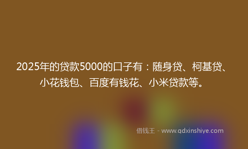 2025年的贷款5000的口子有：随身贷、柯基贷、小花钱包、百度有钱花、小米贷款等。