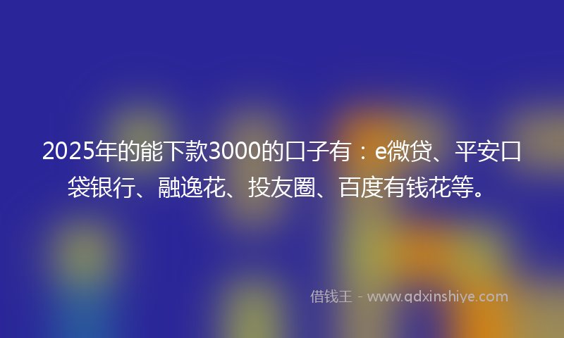 2025年的能下款3000的口子有：e微贷、平安口袋银行、融逸花、投友圈、百度有钱花等。