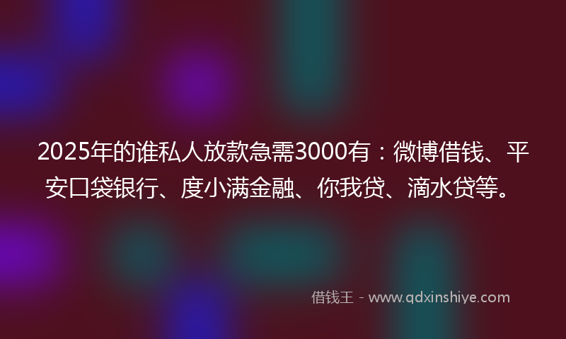 2025年的谁私人放款急需3000有：微博借钱、平安口袋银行、度小满金融、你我贷、滴水贷等。