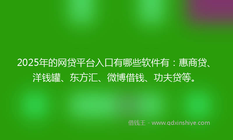 2025年的网贷平台入口有哪些软件有：惠商贷、洋钱罐、东方汇、微博借钱、功夫贷等。