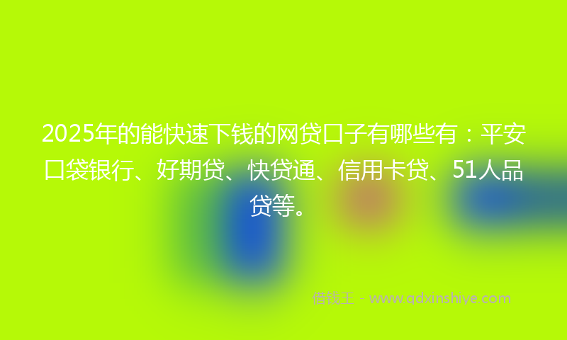 2025年的能快速下钱的网贷口子有哪些有：平安口袋银行、好期贷、快贷通、信用卡贷、51人品贷等。
