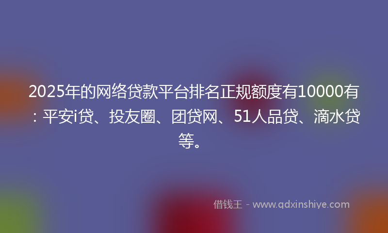 2025年的网络贷款平台排名正规额度有10000有：平安i贷、投友圈、团贷网、51人品贷、滴水贷等。
