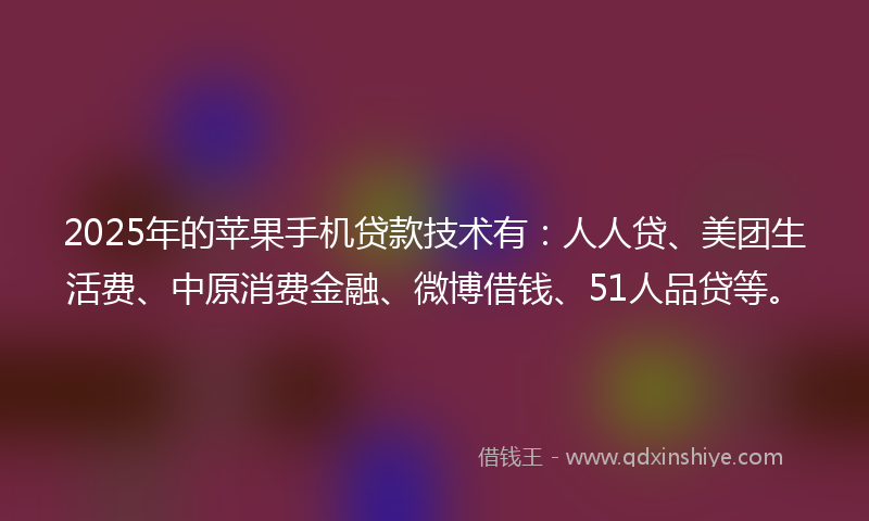2025年的苹果手机贷款技术有：人人贷、美团生活费、中原消费金融、微博借钱、51人品贷等。