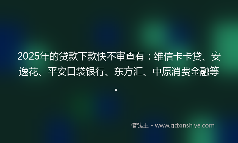 2025年的贷款下款快不审查有：维信卡卡贷、安逸花、平安口袋银行、东方汇、中原消费金融等。