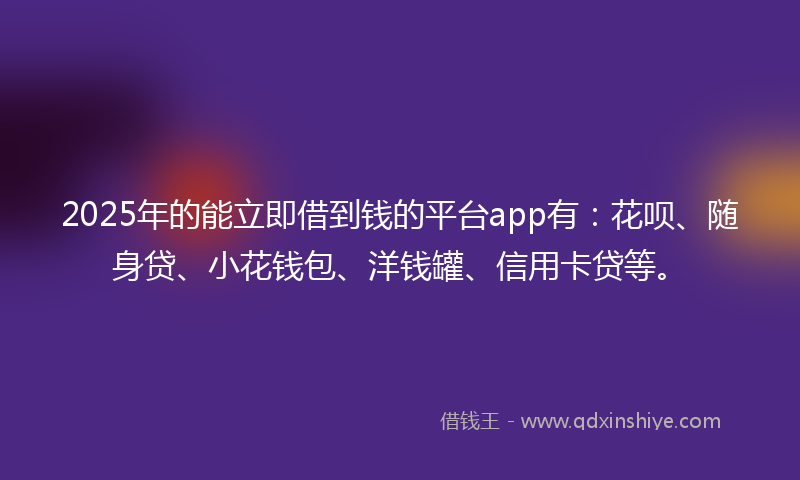 2025年的能立即借到钱的平台app有：花呗、随身贷、小花钱包、洋钱罐、信用卡贷等。