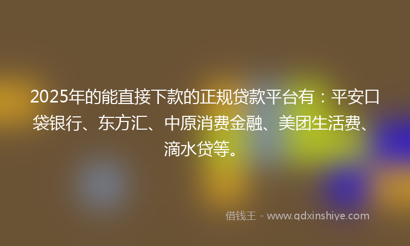 2025年的能直接下款的正规贷款平台有：平安口袋银行、东方汇、中原消费金融、美团生活费、滴水贷等。