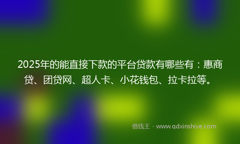 2025年的能直接下款的平台贷款有哪些有：惠商贷、团贷网、超人卡、小花钱包、拉卡拉等。