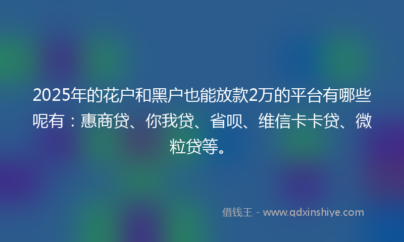 2025年的花户和黑户也能放款2万的平台有哪些呢有：惠商贷、你我贷、省呗、维信卡卡贷、微粒贷等。
