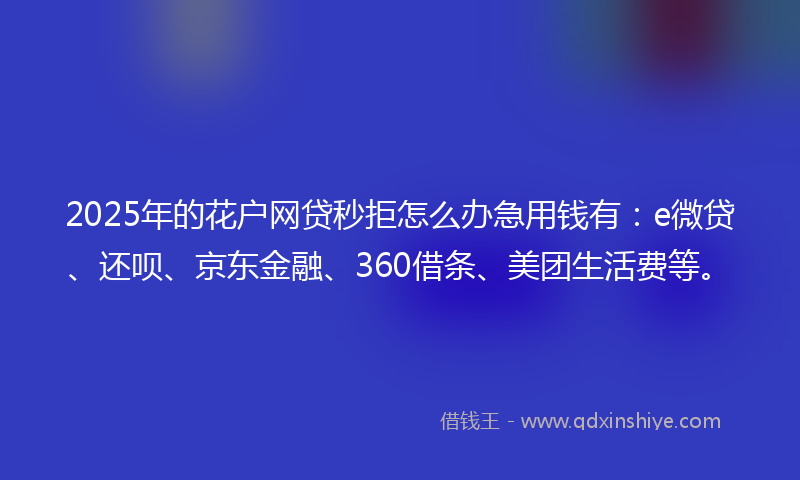 2025年的花户网贷秒拒怎么办急用钱有：e微贷、还呗、京东金融、360借条、美团生活费等。