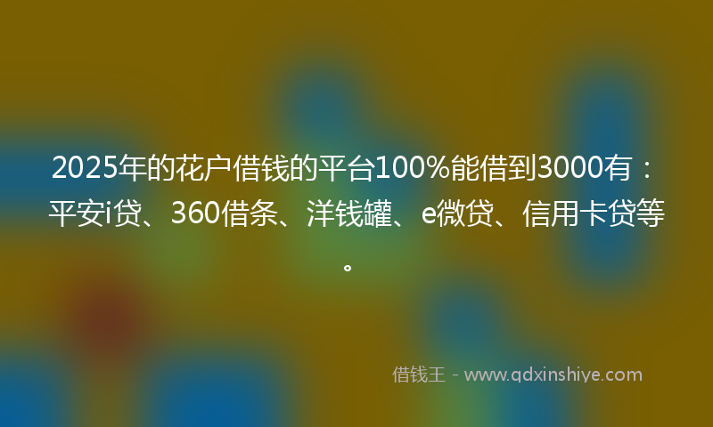 2025年的花户借钱的平台100%能借到3000有：平安i贷、360借条、洋钱罐、e微贷、信用卡贷等。