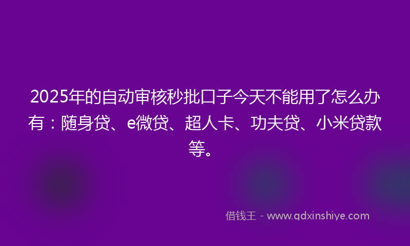 2025年的自动审核秒批口子今天不能用了怎么办有：随身贷、e微贷、超人卡、功夫贷、小米贷款等。