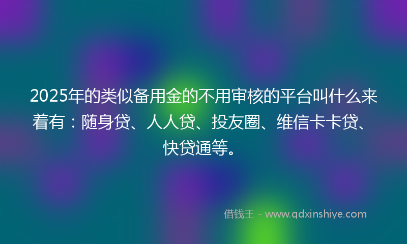2025年的类似备用金的不用审核的平台叫什么来着有：随身贷、人人贷、投友圈、维信卡卡贷、快贷通等。