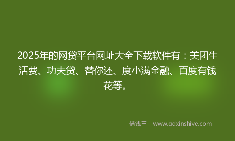2025年的网贷平台网址大全下载软件有：美团生活费、功夫贷、替你还、度小满金融、百度有钱花等。
