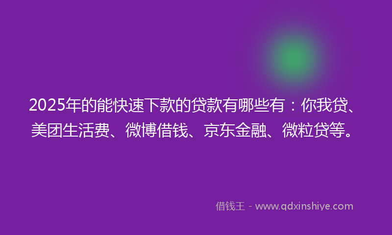 2025年的能快速下款的贷款有哪些有：你我贷、美团生活费、微博借钱、京东金融、微粒贷等。