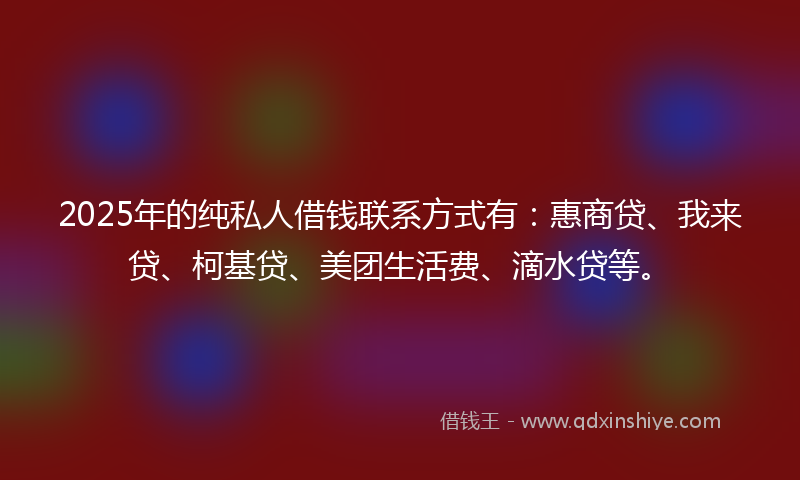 2025年的纯私人借钱联系方式有：惠商贷、我来贷、柯基贷、美团生活费、滴水贷等。