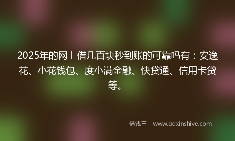 2025年的网上借几百块秒到账的可靠吗有：安逸花、小花钱包、度小满金融、快贷通、信用卡贷等。
