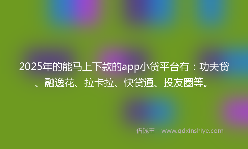 2025年的能马上下款的app小贷平台有：功夫贷、融逸花、拉卡拉、快贷通、投友圈等。