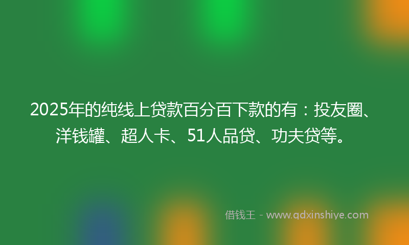 2025年的纯线上贷款百分百下款的有：投友圈、洋钱罐、超人卡、51人品贷、功夫贷等。