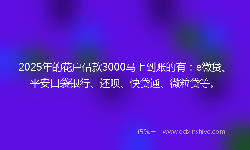 2025年的花户借款3000马上到账的有：e微贷、平安口袋银行、还呗、快贷通、微粒贷等。