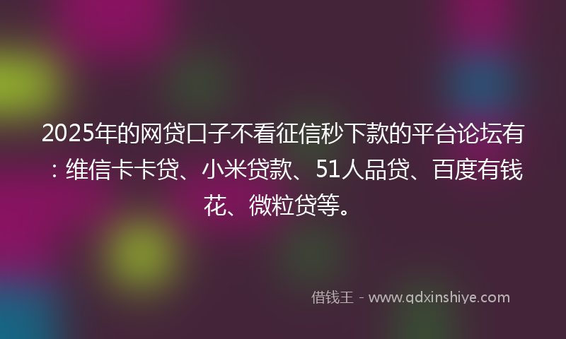 2025年的网贷口子不看征信秒下款的平台论坛有：维信卡卡贷、小米贷款、51人品贷、百度有钱花、微粒贷等。