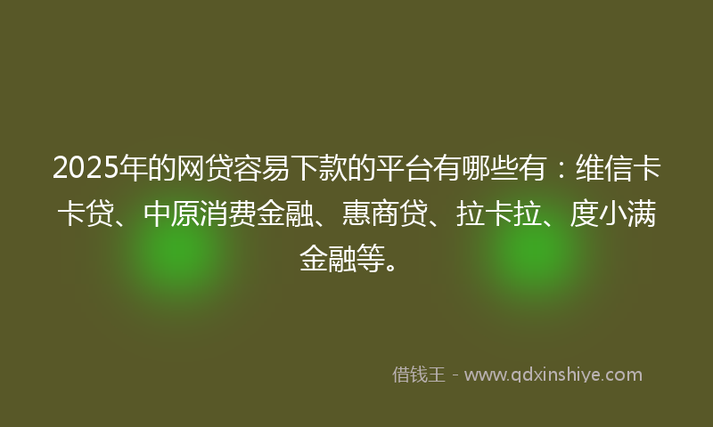 2025年的网贷容易下款的平台有哪些有：维信卡卡贷、中原消费金融、惠商贷、拉卡拉、度小满金融等。