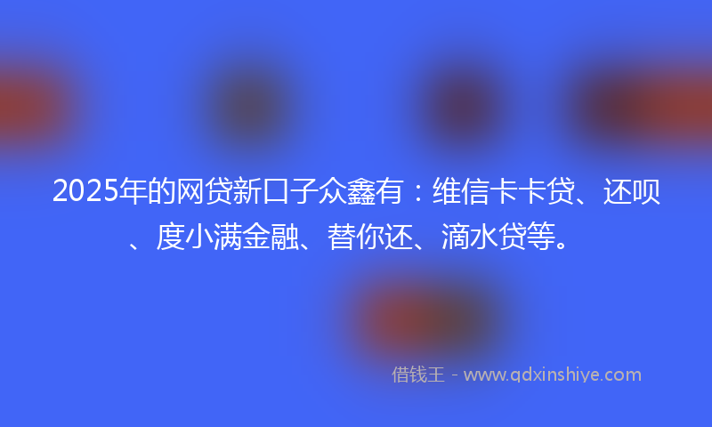 2025年的网贷新口子众鑫有：维信卡卡贷、还呗、度小满金融、替你还、滴水贷等。