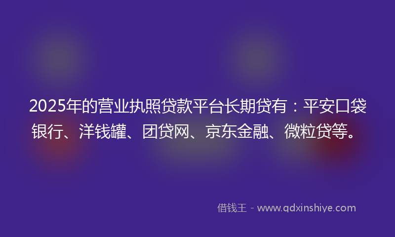 2025年的营业执照贷款平台长期贷有：平安口袋银行、洋钱罐、团贷网、京东金融、微粒贷等。