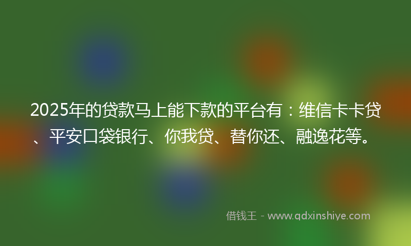 2025年的贷款马上能下款的平台有：维信卡卡贷、平安口袋银行、你我贷、替你还、融逸花等。