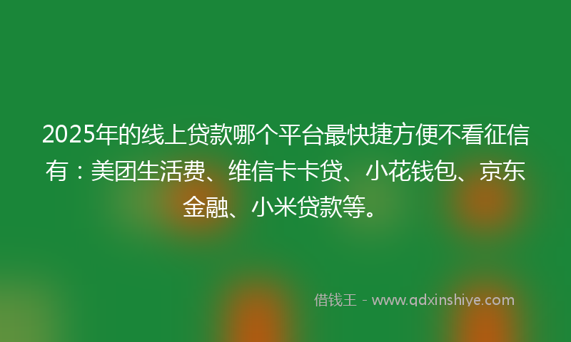 2025年的线上贷款哪个平台最快捷方便不看征信有：美团生活费、维信卡卡贷、小花钱包、京东金融、小米贷款等。