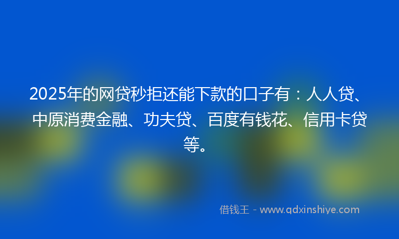 2025年的网贷秒拒还能下款的口子有：人人贷、中原消费金融、功夫贷、百度有钱花、信用卡贷等。