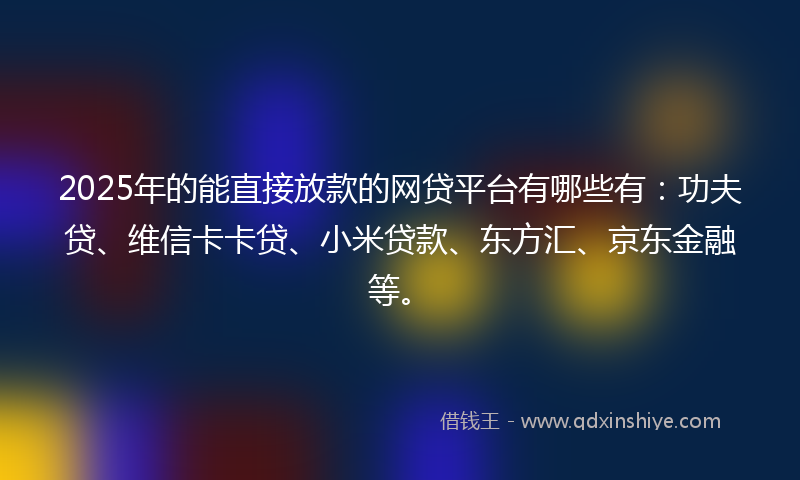 2025年的能直接放款的网贷平台有哪些有：功夫贷、维信卡卡贷、小米贷款、东方汇、京东金融等。