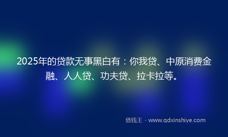 2025年的贷款无事黑白有：你我贷、中原消费金融、人人贷、功夫贷、拉卡拉等。
