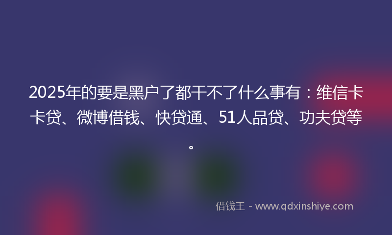 2025年的要是黑户了都干不了什么事有：维信卡卡贷、微博借钱、快贷通、51人品贷、功夫贷等。
