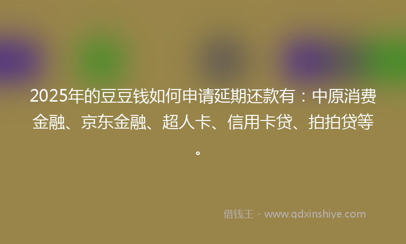 2025年的豆豆钱如何申请延期还款有：中原消费金融、京东金融、超人卡、信用卡贷、拍拍贷等。