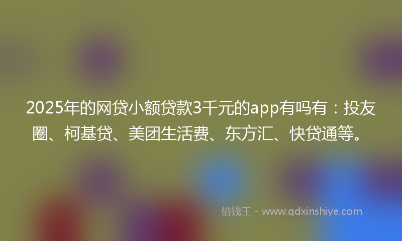 2025年的网贷小额贷款3千元的app有吗有：投友圈、柯基贷、美团生活费、东方汇、快贷通等。